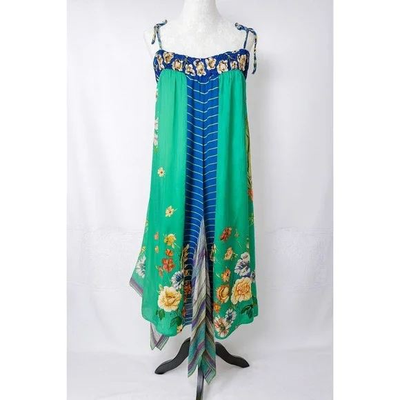 Johnny Was 100% Silk Handkerchief Dress L Boho‎ Floral Patchwork Maxi FLAW - Picture 2 of 11